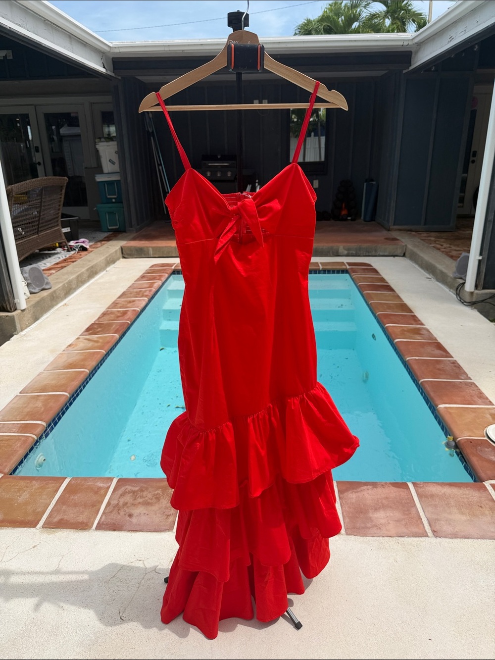 Hello Molly Red Spaghetti-Strap Ruffle Maxi Dress with Bow
